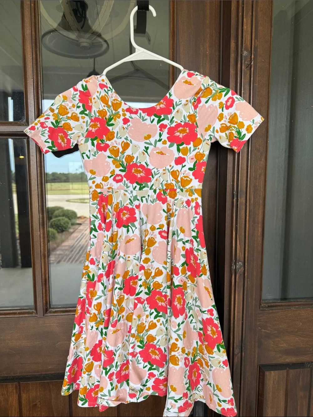 Girls' Floral Short Sleeve Twirl Dress - Pink & Coral